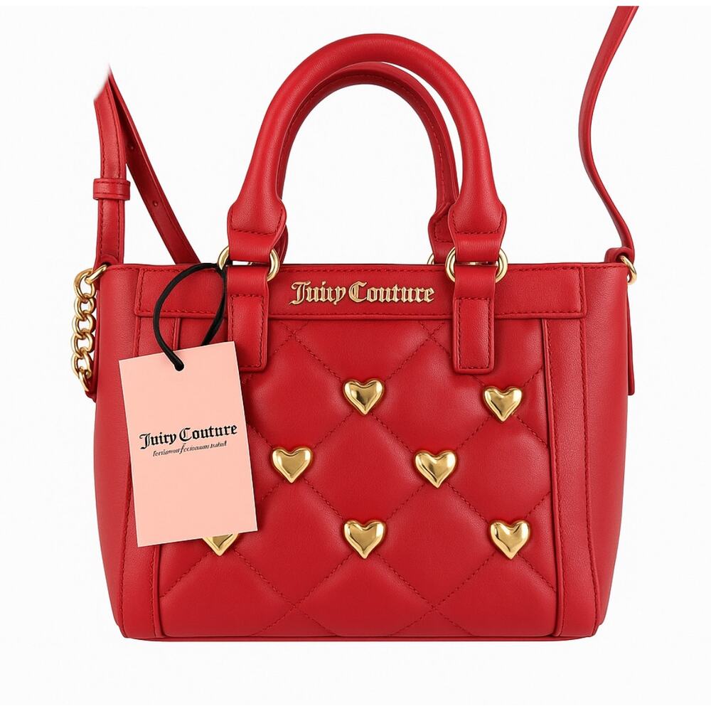 NWT Juicy Couture Red Quilted Mini Tote with Gold Heart Studs Crossbody Bag